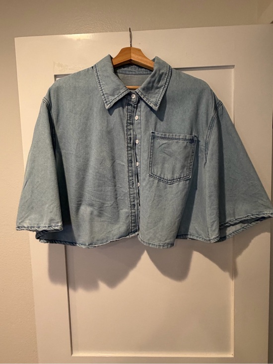 Amazon Tops - Amazon Light Blue Denim Cropped Button-Down Shirt